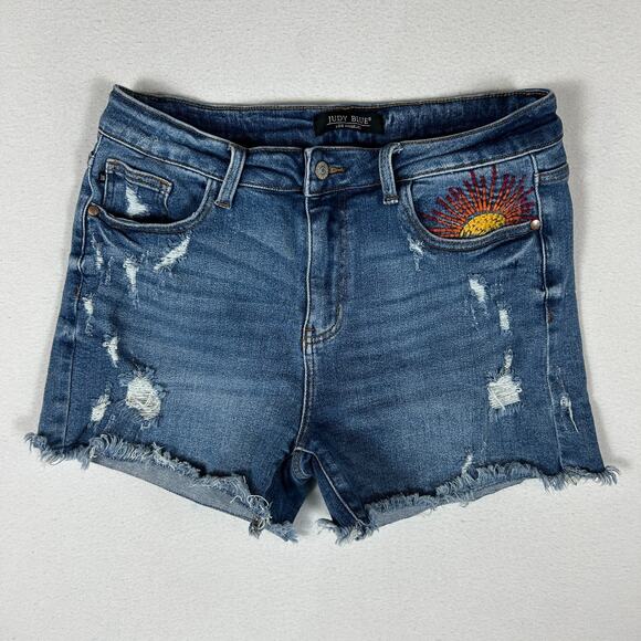 Judy Blue Cut Off Shorts Women XL Blue Hi Rise Sun Embroidered Distressed Frayed - Picture 1 of 11